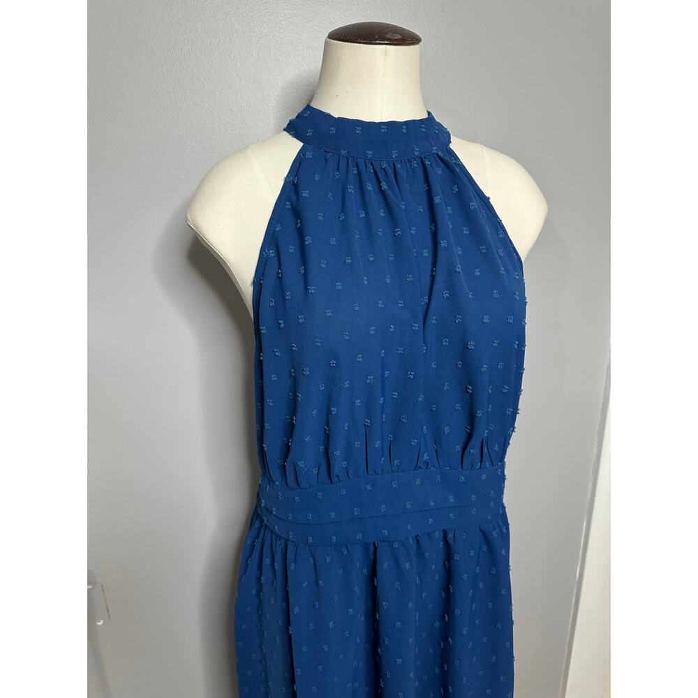 Blue Halter Sleeveless Dress Swiss Dot Pattern 1XL Smocked Waist Keyhole Back